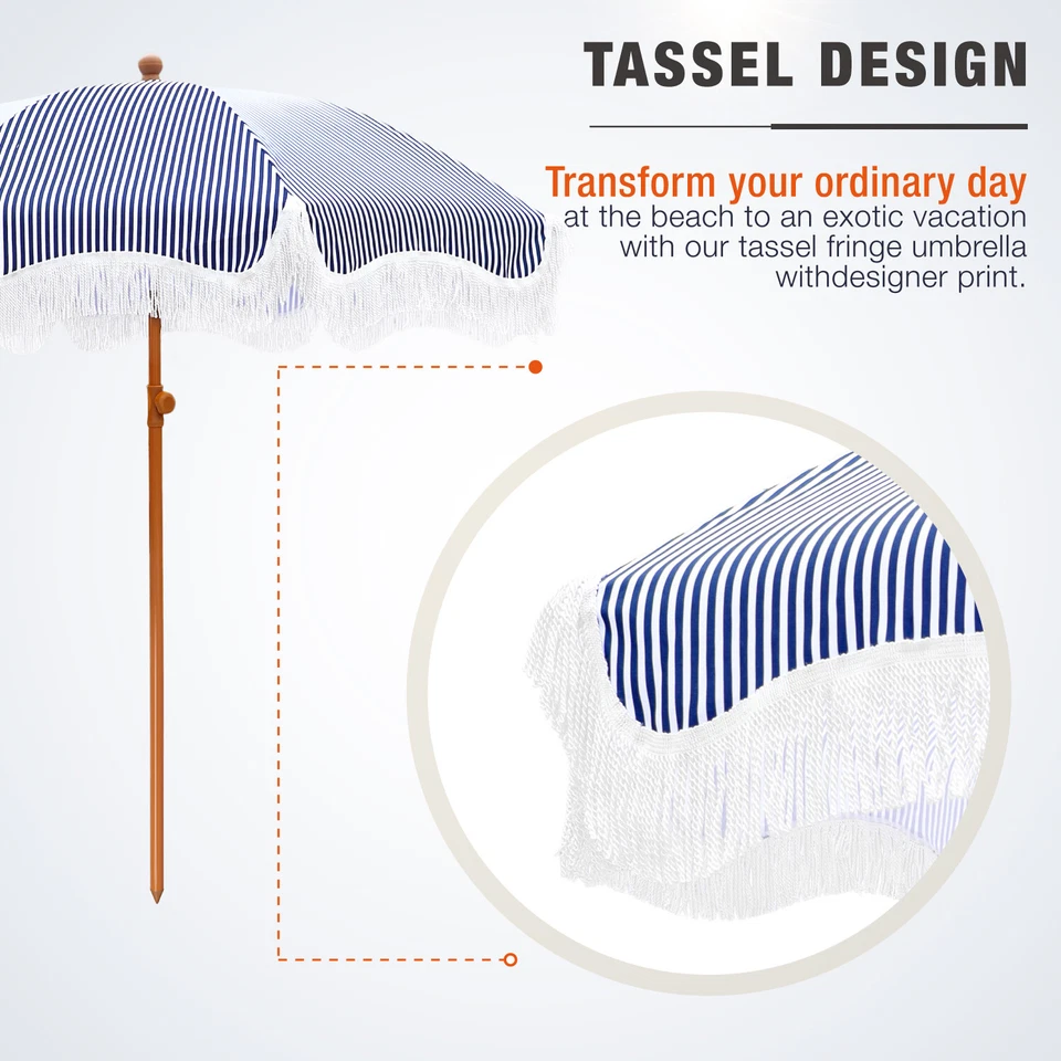 Sombrilla de playa de 7 pies para patio al aire libre con borla parasol UPF 50+ Foto 4 de 4