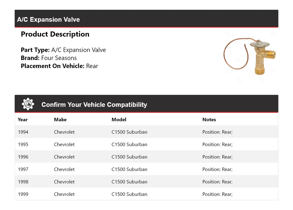 For 1994-1999 Chevrolet C1500 Suburban A/C Expansion Valve Rear 4 Seasons 1995 - Image 2 of 4