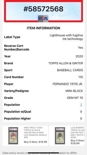 FERNANDO TATIS JR. 2020 Topps Allen & Ginter's A & G BLACK PSA 10 GEM MINT POP 2 - Picture 2 of 2