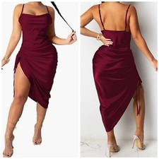 Sexy New Women Pleated Drawstring Spaghetti Strap Solid Patchwork Club Dress