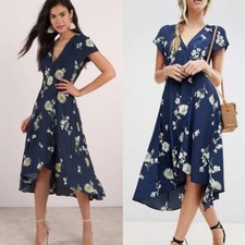 Free People Lost In Your Midi Dress Wrap Floral Bohemian Size XS Boho Long Blue