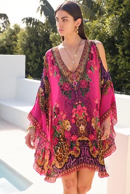 kaftan Purple magenta cheetah print cold shoulder tunic top free style beach