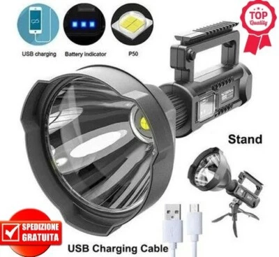 TORCIA LED RICARICABILE ULTRA POTENTE RAGGIO 1 KM POWER BANK USB 4 MODALITA'