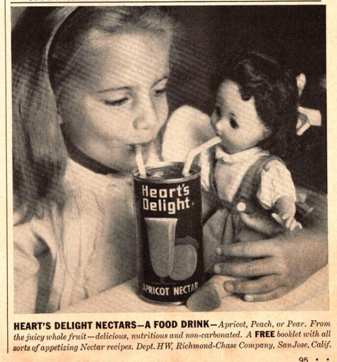 PRINT AD 1957 Heart's Delight Nectars Food Drink Apricot Girl w Doll