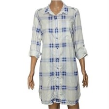 Michael Kors Women's Button-Down Roll-up Sleeve Pleid Shirtdress blue/White Sz 8