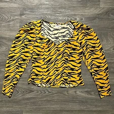 Reformation Small Notta Tiger Print Crepe Blouse Button Up Puff Sleeves Animal