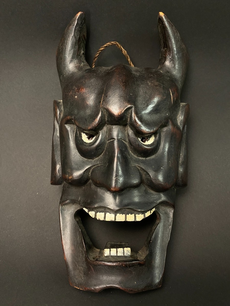 Japanese Hand Carved Black Wooden Mask Rare Japan oni demon hannya