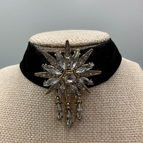 Velvet Choker Necklace Black Starburst Crystal Drop Pendant Gold Tone Statement