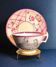 Antique 1840s Teacup  saucer w Children and Angel, Pink transferware