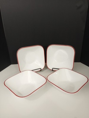 Corelle Vitrelle Square White Cereal Bowls Red Rim Splendor  6 3/8'' Set of 4
