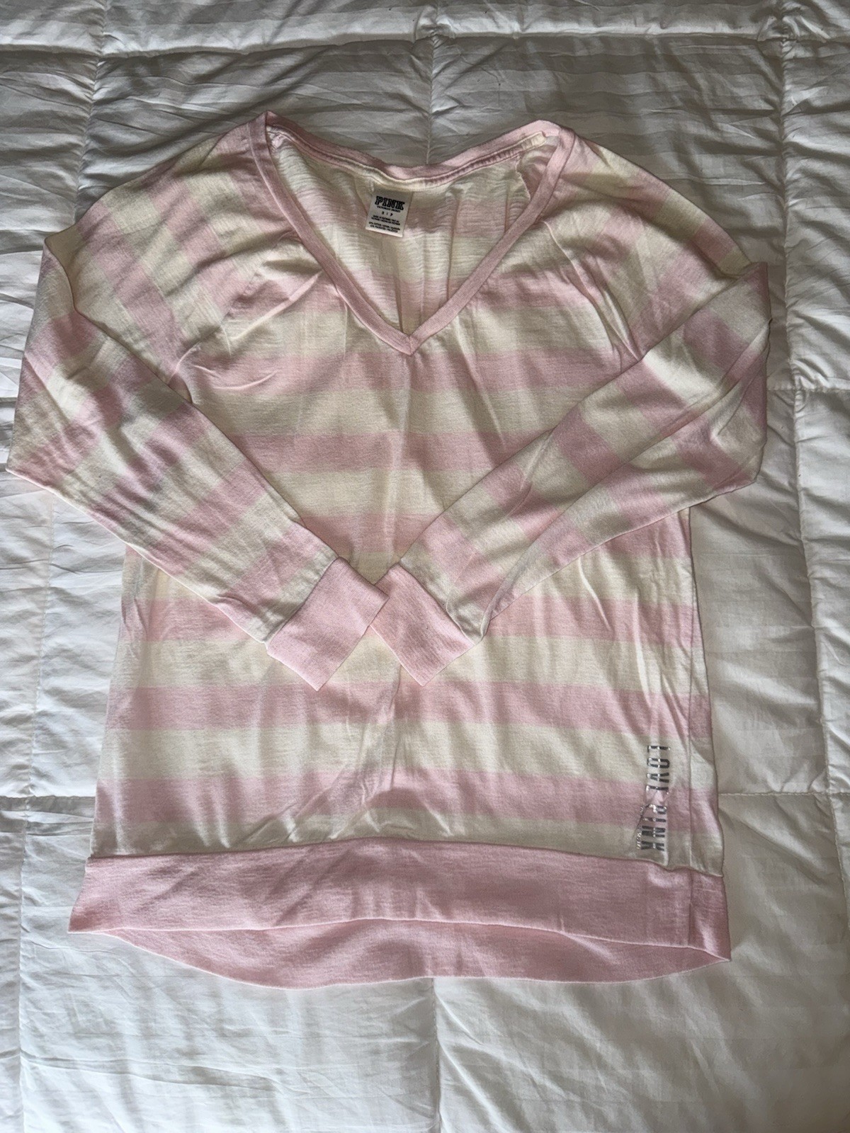 Victoria's Secret Love Pink Women's Long Sleeve Striped V-Neck Shirt Size Small