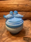 Vintage Blue Milk Glass Love Birds On Nest Candy Dish Bowl