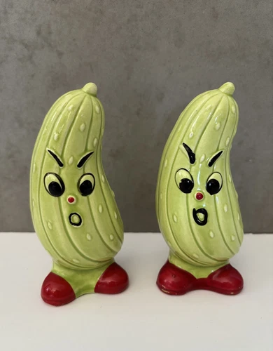 Vintage 50's Anthropomorphic Pickle Salt & Pepper Shakers Made in Japan EUC