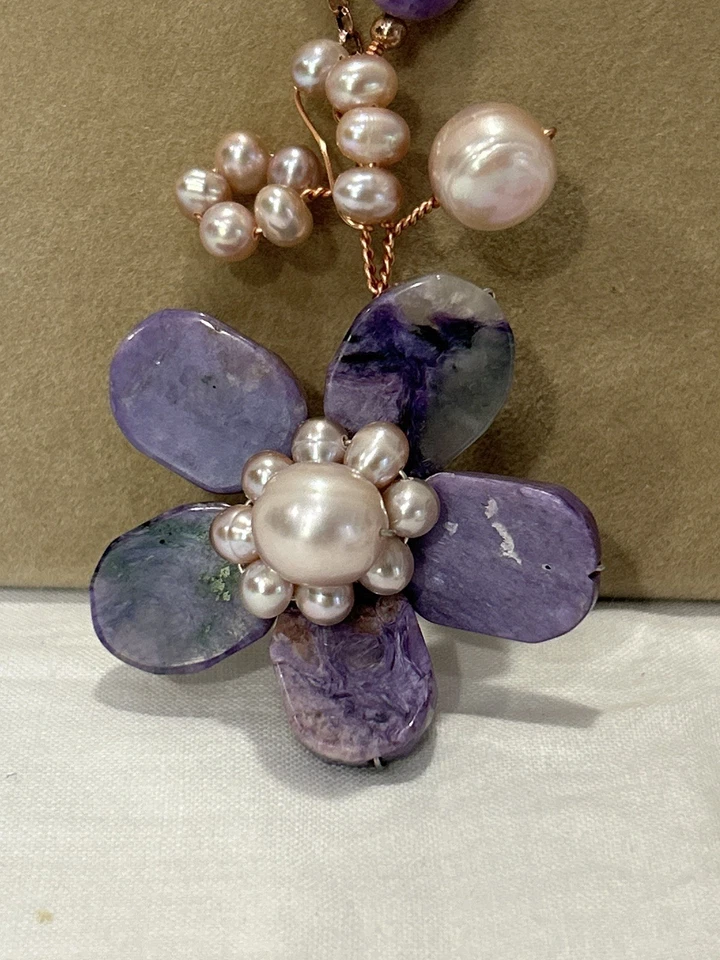 Genuine Charoite With Pearls Floral Necklace, Bracelet And Earrings Set - Image 3 of 4
