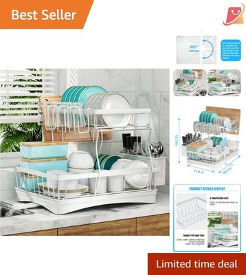 Large Dish Drying Rack 2-Tier Metal Countertop Organizer with Drain Board