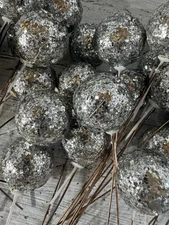 48  Floral Picks SILVER Mica Balls Hong Kong Christmas 1”