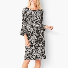 Talbots Black White Paisley Crepe Bell Sleeve Sheath Dress Size 10 Office
