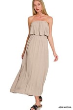 Zenana Woven Crinkle Strapless Maxi Dress