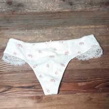 Aerie Women's White/Pink Floral Lace Thong Panties Bow Accent Size XS
