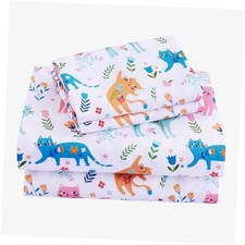 3 Pieces Girls Pink Cat Sheet Set - Soft Microfiber Twin Cat Flower Leaf