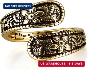 Authentic Vintage 14K Gold Plated and Silver Spoon Ring - Adjustable Ring with Carving Des