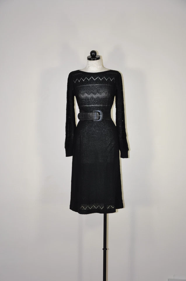 Vestido midi tejido manga abullonada de ganchillo transparente negro vintage años 70 para mujer M Foto 3 de 4