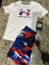 Under Armour Little Boys Patriotic Red White Blue Swim Set Rash Guard NEW
