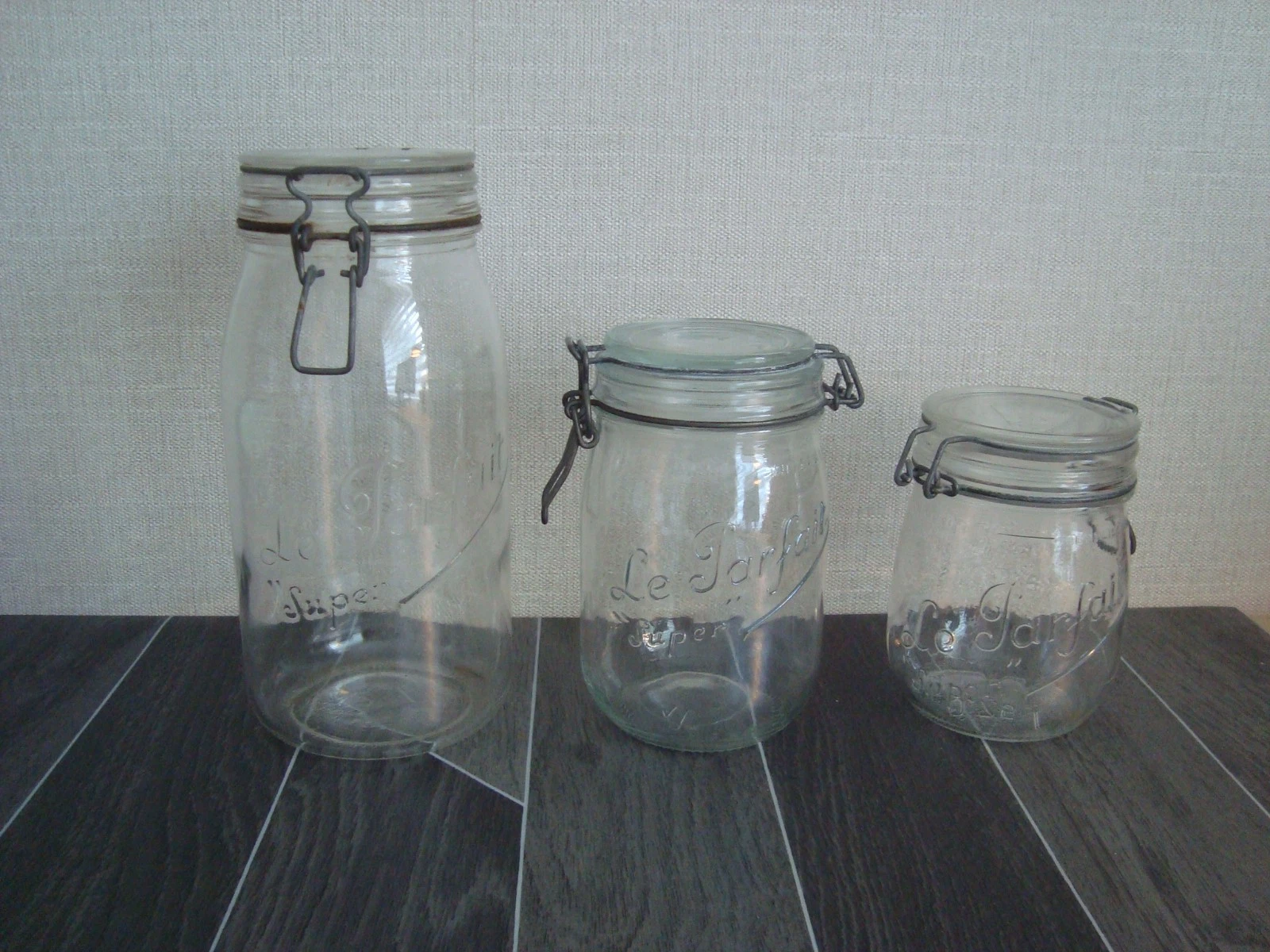 3 x Vintage Le Parfait Round Jars Glass Clip Top Storage Preserving Shop Display