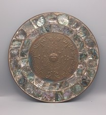 Piatto Piedra del Sol Calendario Maya Azteco Rame Ottone Conchiglia di Abalone