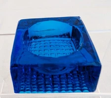 Cobalt Blue Waffle Pattern Square Open Salt Cellar with Round Dip, VGC