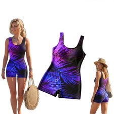 Women Palm‑Leaf Print Boyleg One‑Piece Swimsuit, Sleeveless U‑Neck Bathing Suit