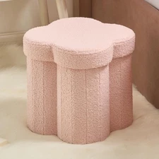 Ornavo Pink Boucle Storage Ottoman Cube Flower Footstool Hidden Storage 12"