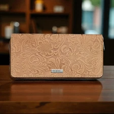 Ladies Womens RFID Blocking Purse Full Zip Around Embossed Floral Leather Wallet