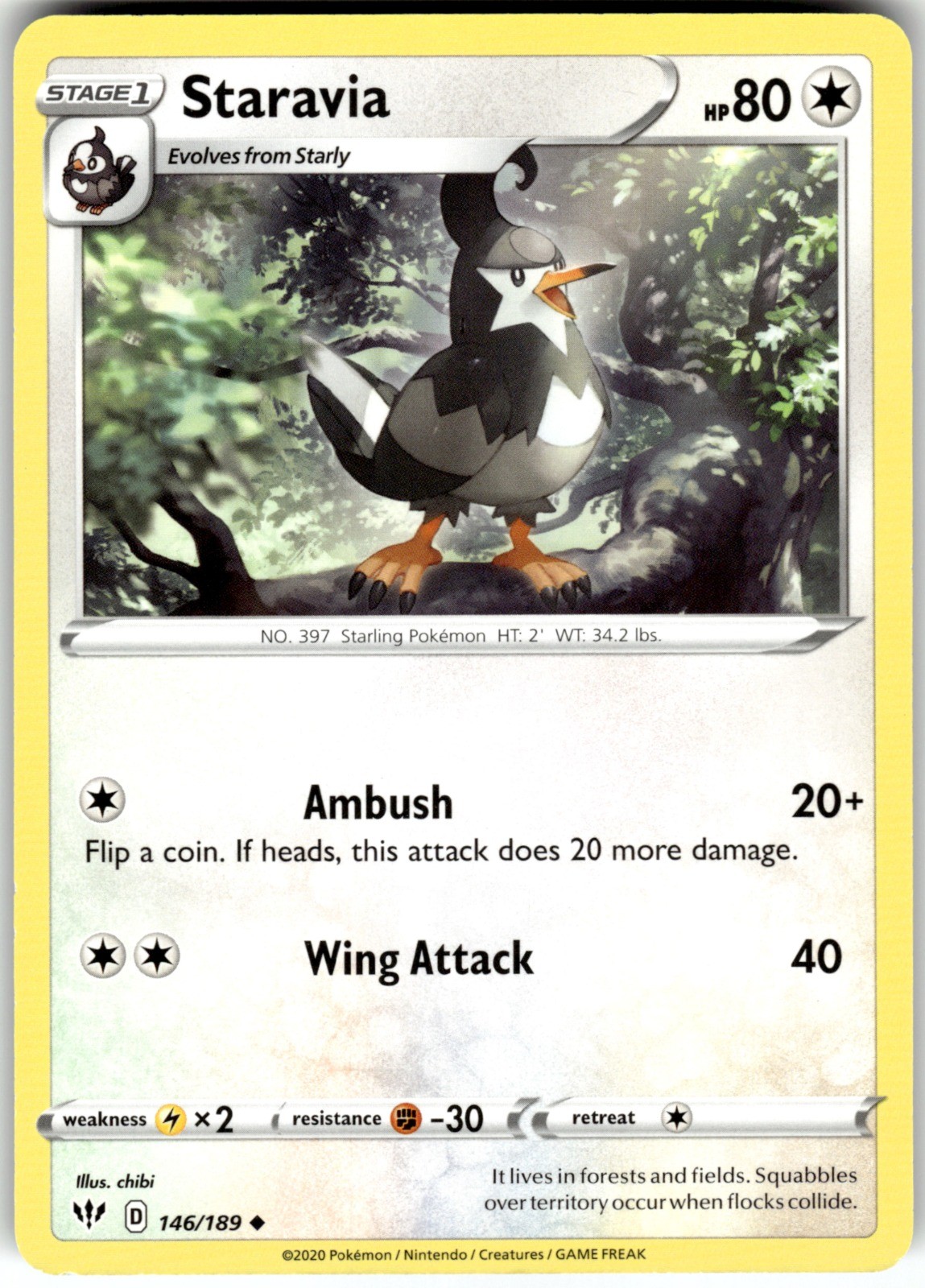 Staravia Regular 146/189 SWSH03 SWSH03: Darkness Ablaze Pokemon Card LP