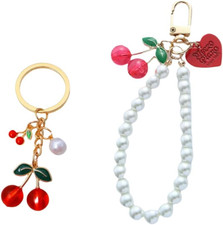 2Pcs Cute Cherry Keychain Charm Bag Red Heart Keyrings Lovely Pearl Bow Keychain