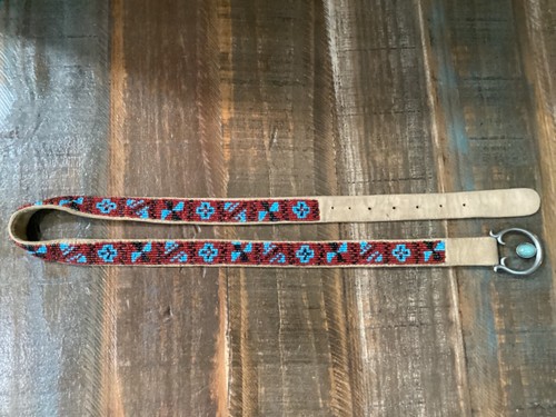 Vintage Double D Ranch tan Suede red blue Beaded skinny Belt Sz 36 - Picture 6 of 10