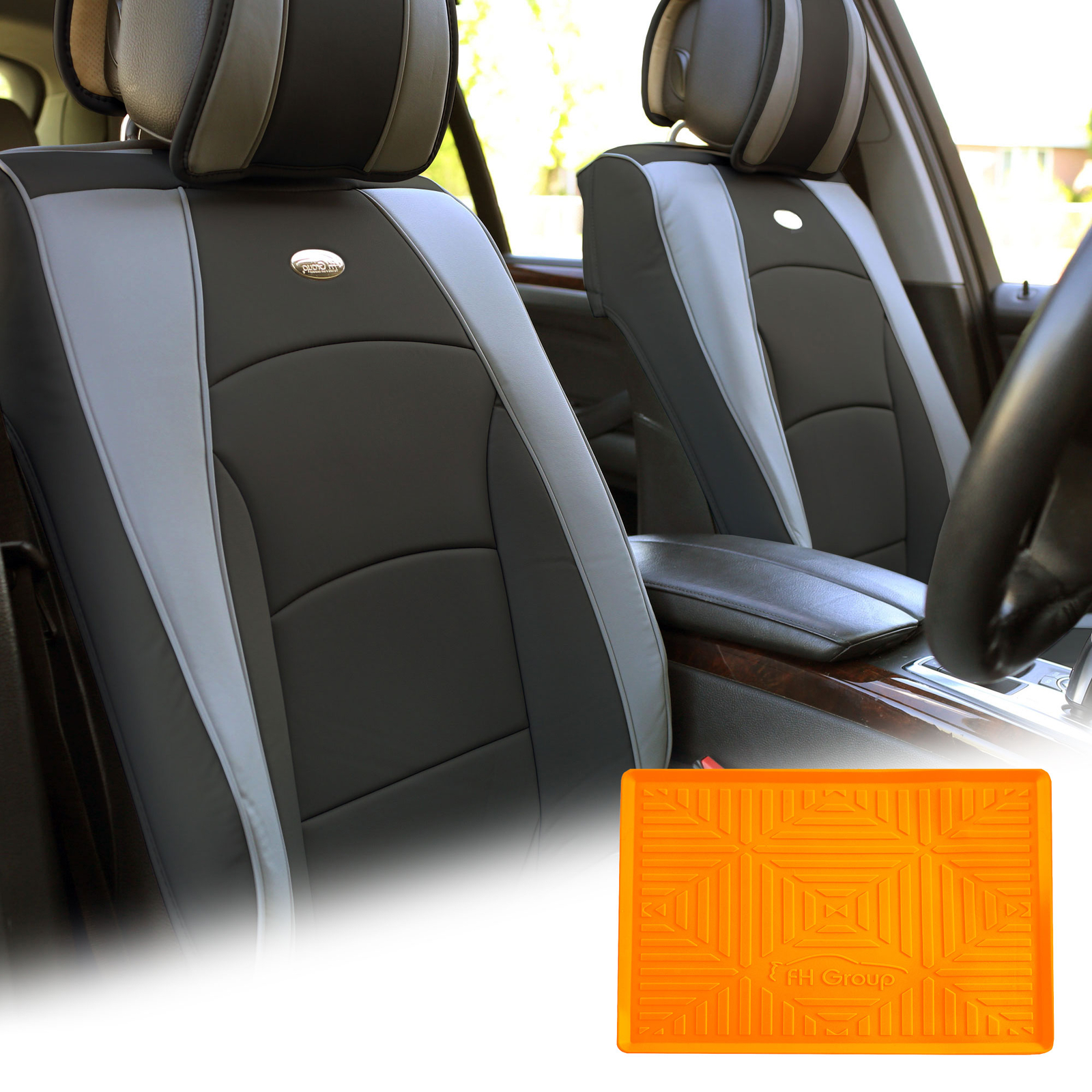 Leatherette Seat Cushion Covers Front Bucket Gray w/ Orange Dash Mat For Car