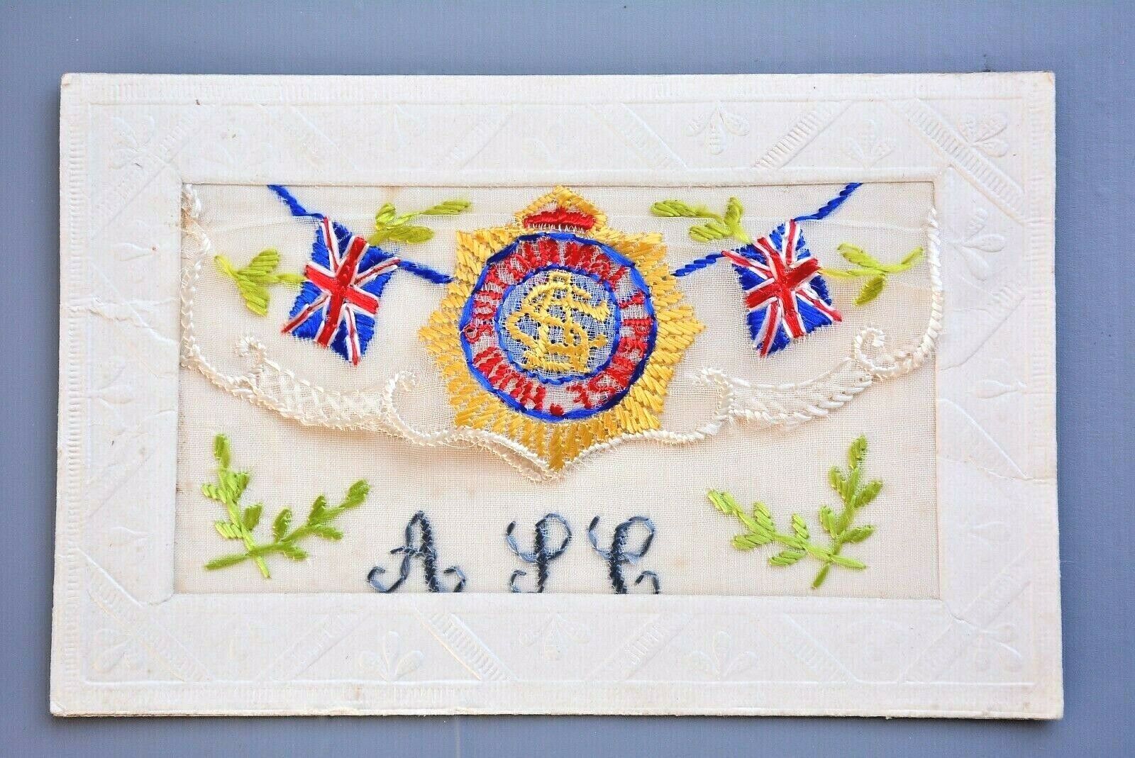 R&L Postcard: WW1 Silk, ASC Army Service Corps Crest, Patriotic Union Jack Flags