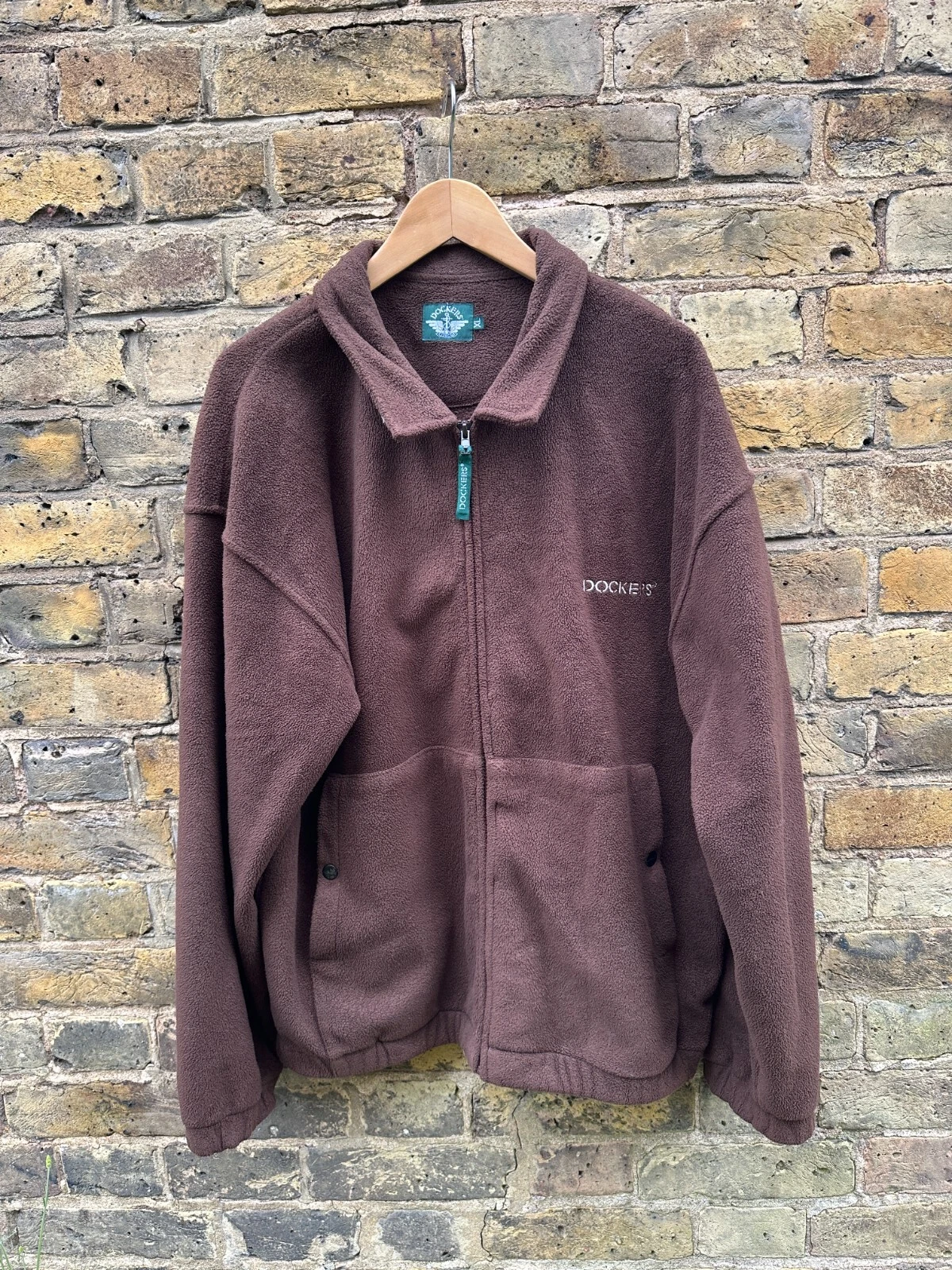 DOCKERS Mens Fleece Jacket XL Zipper Coat Polyester Vintage Brown 90s