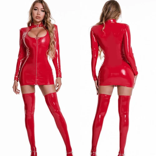 Women Ladies PU Leather Sexy Bodycon Zip Up Long Sleeve Deep V Neck Mini Dress* - Picture 4 of 20