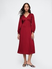 New GAP Women Satin Empire Midi Dress S M Red V-neck Long Sleeve Side Slit