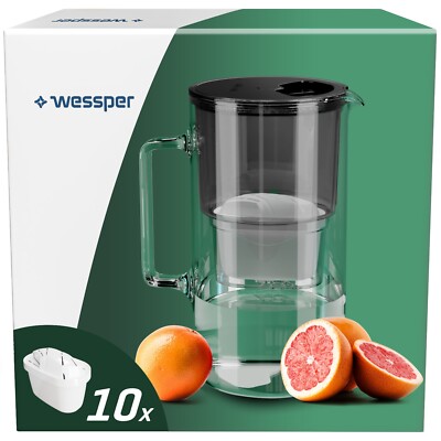 Glas Wasserfilter Wessper schwarz mit 10x Filterkartuschen KANNE & WASSERFILTER