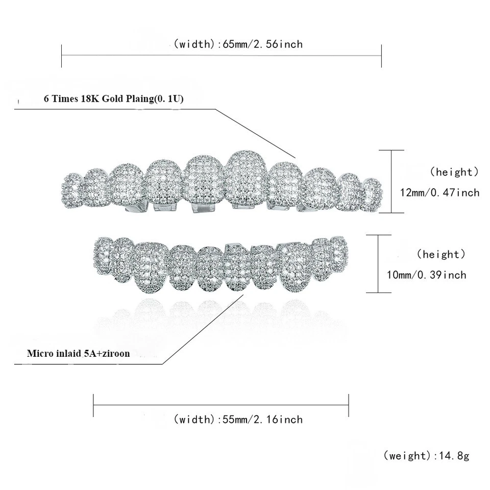 Juego de dientes superiores e inferiores chapados en oro real de 14k circonita cúbica parrillas doradas plateadas Hip Hop Foto 2 de 4