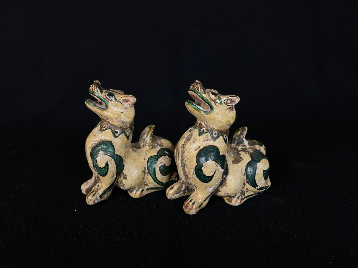 アンティークのお面ディスプレイ Japanese Antique Okimono Display Ceramic Shishi Display