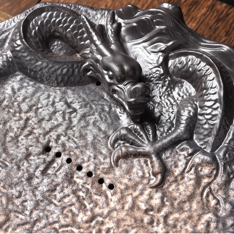 tea tray water reservoir & draining handmade dragon embossed