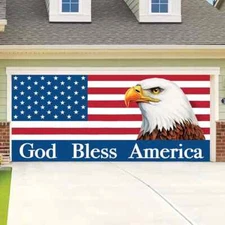 "God Bless America" Patriotic American Flag w/ Eagle Garage Door Cover Banner
