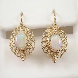 Authentic Natural Fire Opal 3Ct Oval Cut Vintage Dangle Earrings 14K Yellow Gold Plated