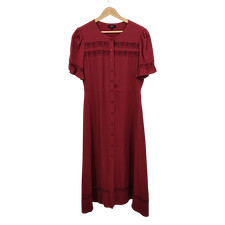 Quince Lightweight Crepe Lace Inset Midi Dress Maroon Basic Sleeved M