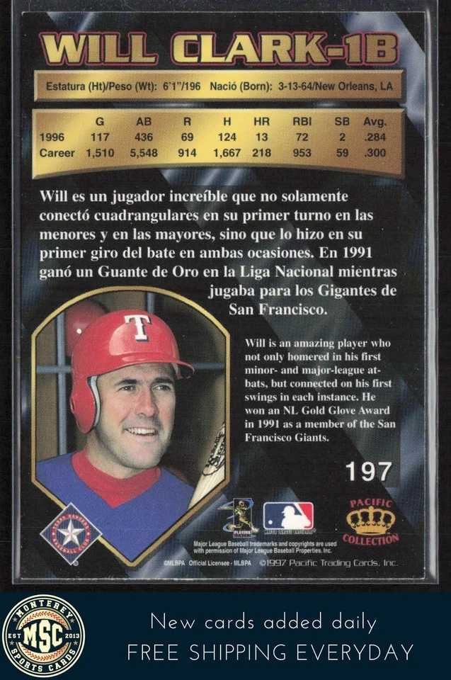 Will Clark 1997 Pacific Crown Collection #197 Texas Rangers - Image 2 of 2