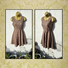 Mela Size 10 Brown Tan Sleeveless Floral Lace Skater Tie Belt Back Party Dress